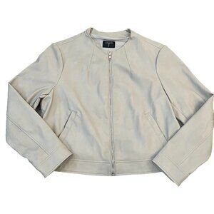 Tahari Womens Faux Leather Cropped Bomber Jacket Size 16 Gray Collarless Pockets
